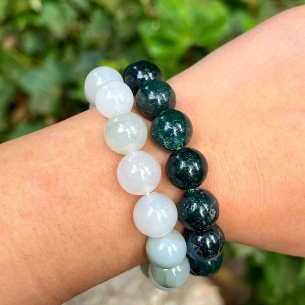10mm Natural moss agate‎ and white jade bracelet set